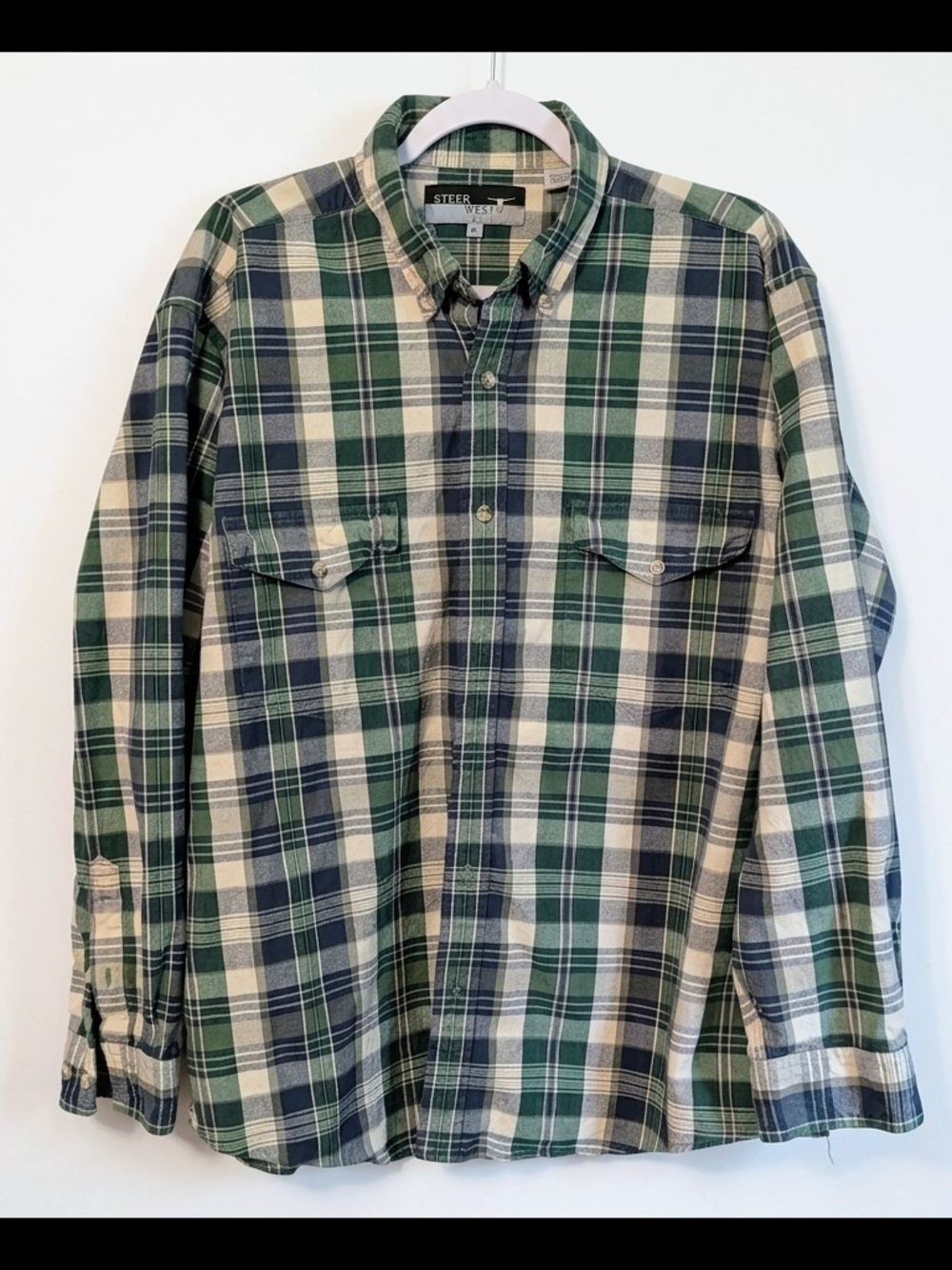 Steer West Men's Green & Navy Blue Plaid Flannel Shirt XL 100% Cotton Western